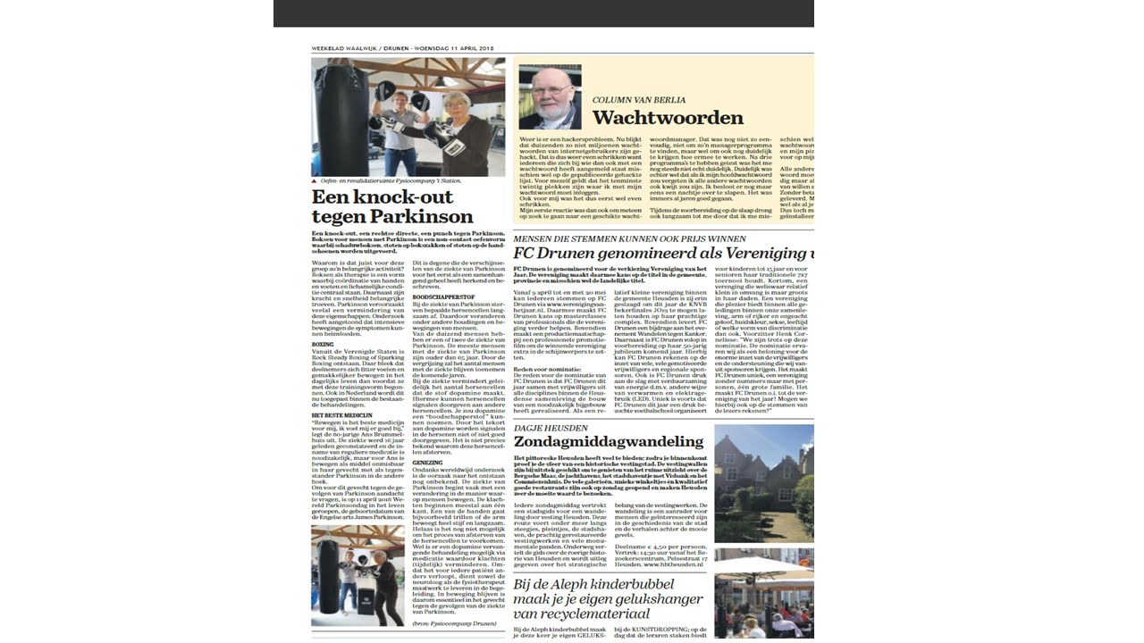 Weekblad Parkinsonfonds Fysiotherapie Drunen